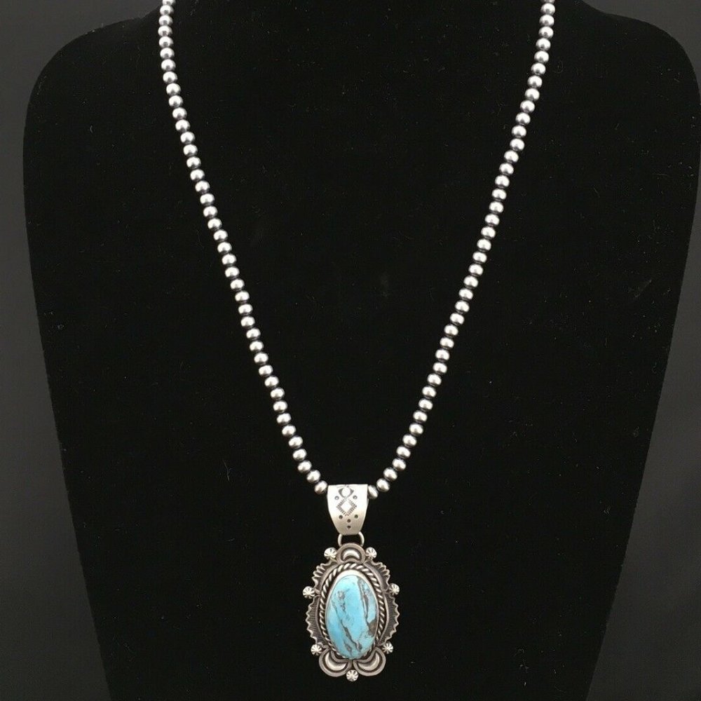 Navajo Sterling Silver Blue Necklace Pendant Ln 20